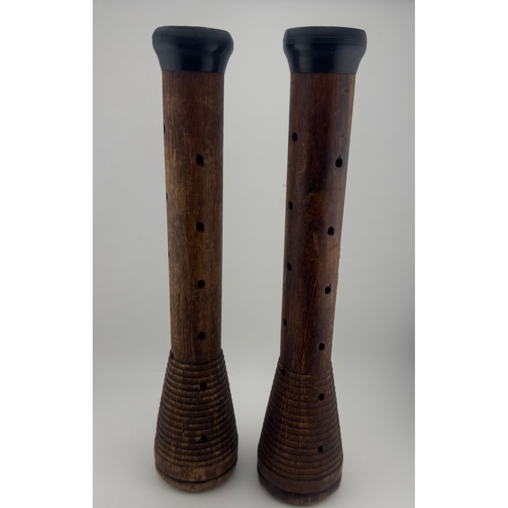 Antique Wooden Textile Bobbins Set of 2 Industrial Primitive Weaving Spindles
